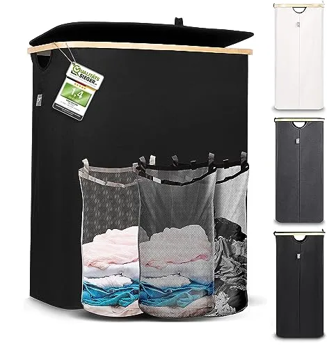 Hennez Wäschebox 150L - Wäschekorb mit 3 Fächern und Deckel - Wäscheboxen mit 150L Fassungsvermögen, inklusive 3 herausnehmbaren Wäschesäcken und hygienischem Deckel für unangenehme Gerüche. Ideal zum einfachen Wäschesortieren.