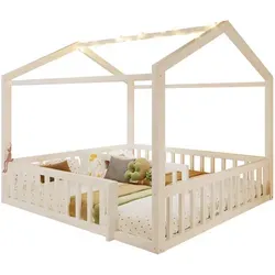 Redom Kinderbett in Weiß, 90x190 cm - Flexibles Hausbett mit LED-Beleuchtung - Das Redom Kinderbett in Hausform vereint modernes Design und Funktionalität. Mit zwei Liegeflächen und Schutzgittern bietet es Sicherheit und einen einladenden Rückzugsort für Kinder. Ideal für kreative Schlaf- und Spielmomente.