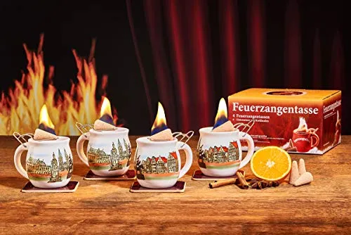 Feuerzangentasse 4er-Set, Weiß/Bremen - für stimmungsvolle Winterabende - Feuerzangenbowle-Set mit 4 Tassen und Korkuntersetzern, ideal für die einfache Zubereitung von köstlichen Heißgetränken und als besonderes Geschenk für Familie und Freunde.