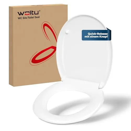 WOLTU Toilettendeckel, WC-Sitz mit Absenkautomatik, Klobrille Klodeckel mit Schnellverschluss, Toilettensitz O Form, aus Duroplast, Top-Befestigungsset für einfache Montage, Weiß
