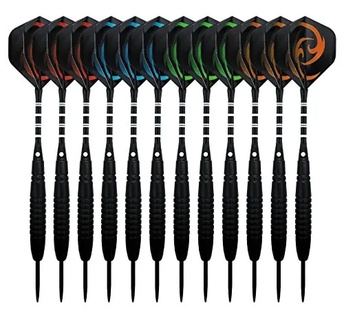 KOHMUI Dartpfeile, 12 Stück Steel Darts Pfeile Set, 23 Gramm Profi Steeldarts mit Metallspitze, Schwarz Rutschfeste Eisenfass, Aluminium Schaft, 40 Flights, 24 Anti-lose Gummiringe, Dartpfeil Spitzer