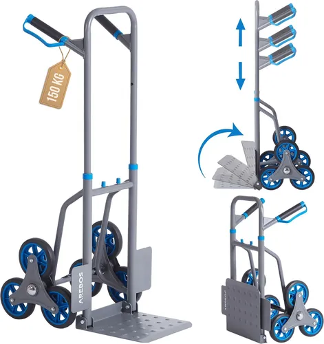 Arebos Treppenkarre Sackkarre - Klappbar & Robuste Bauweise - Sackkarre für Umzug & schwere Gegenstände mit klappbarer Konstruktion, Hartgummireifen und bis zu 150 kg Tragkraft - ideal für den einfachen Transport auf Treppen.