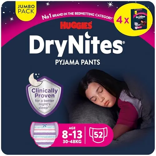 Huggies DryNites hochabsorbierende Nachtwindeln bei Bettnässen, für Mädchen 8-13 Jahre (30-48 kg), 52 St. (4 x 13), Jumbo-Monatspack, Windel-Pants
