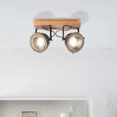 Lightbox Deckenspot mit elegantem Industrial Design | 27 x 12 cm | rustikale Deckenlampe für angenehme Ausstrahlung im Wohnzimmer | GU10 Fassung | aus Metall/Holz in Stahlfarben