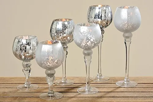 BOLTZE Windlicht Minou 3er Set - Elegante Windlichtbehälter aus Glas mit Fuß, vielseitig auch als kleine Vasen verwendbar. In 2 Ausführungen (silber matt oder glänzend) erhältlich, ideal für stimmungsvolle Dekoration.