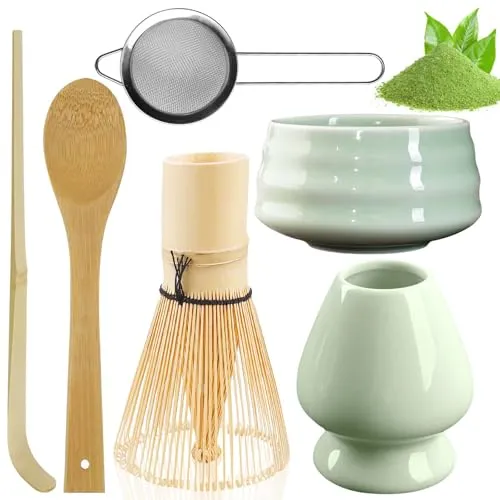 Stück Matcha Tee set: Matcha Schale aus Keramik, Matcha-Schneebesen mit 2 Matcha Löffel, Matcha Whisk,Matcha-Pulversieb, Bambus-Teebesen Matcha Tea Set matcha zubehör Matcha zubehör Geschenkset 6