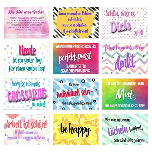 Set Postkarten mit Sprüchen - Karten mit Spruch - Geschenkidee - Dekoidee - Liebe, Freundschaft, Leben, Motivation, lustig – Postcrossing - Geburtstagskarten (Set 1, 12 Karten)