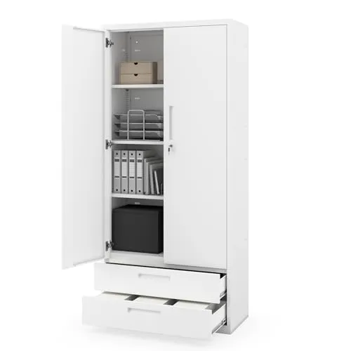Metallschrank Megan, Weiß, 90x195x40 cm, für Büro und Werkstatt - Der modulare Metallschrank Megan bietet optimale Ordnung für Dokumente und Werkzeuge. Mit stabiler Stahlkonstruktion und höhenverstellbaren Böden ist er ideal für Büro und Werkstatt. Sicher abschließbar für wertvolle Inhalte.