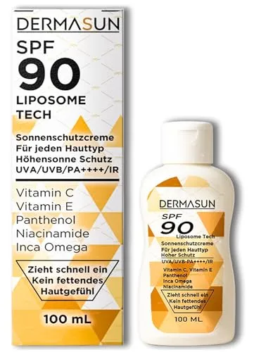 DermaSun® Täglicher Gesichtssonnencreme SPF 90 – Intensive Feuchtigkeitspflege & UV-Schutz, Liposome-Technologie, Anti-Age, Makeup & Sport geeignet - Schnell einziehend, 100 ml