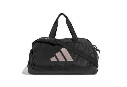 Adidas Women's Defender Graphic Gym Bag SMALL - Kompakte Sporttasche in Schwarz mit auffälligem Design, aus strapazierfähigem, recyceltem Polyester. Ideal für Fitness und Alltag, bietet ausreichend Platz für deine Essentials.