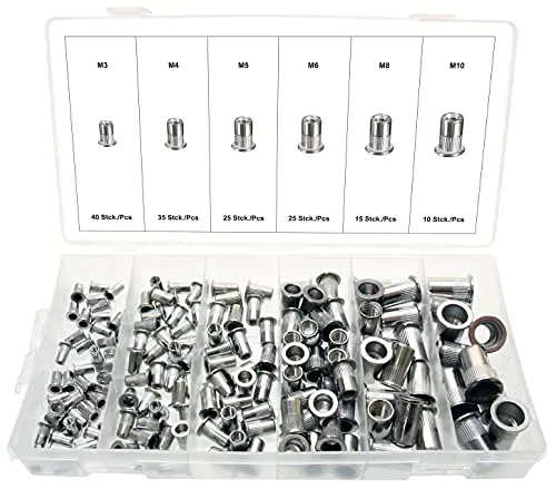 Edelstahl Nietmuttern-Sortiment 150-tlg. - M3 bis M10 - Hochwertiges Gewindeeinsatz-Sortiment aus Edelstahl AISI 304 in 6 Größen, ideal für Automobil- und Maschinenbau. Praktische Klarsichtbox für einfache Aufbewahrung.