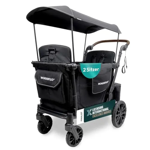 WONDERFOLD L2 Bollerwagen Faltbar Kinder | Kinderwagen für 2 Kinder mit Komfortdesign | Bollerwagen mit Dach für Ausflüge, Reisen und Alltag | Schwarz