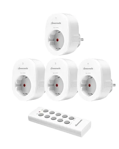 DEWENWILS Funksteckdosen mit Fernbedienung, 2300W Steckdose mit 1er Fernbedienung, 30M Reichweite Funksteckdose 4er Set für Feiertagsdeko, Programmierbar und Erweiterbar, Weiß