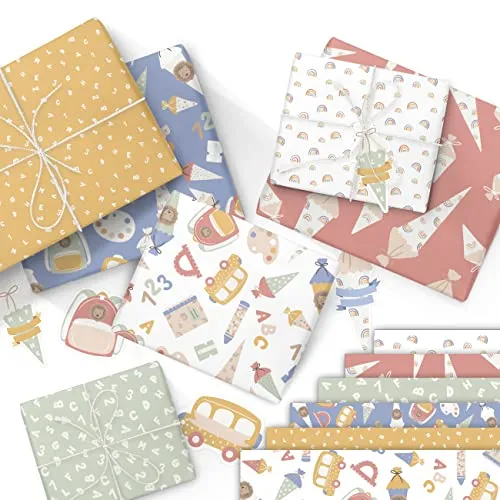 Papierdrachen 6 Bögen Geschenkpapier zur Einschulung | 60x40cm bedruckt - 6 verschiedene Designs hochwertig auf 80g/m² Papier - Pastell- Geschenkverpackung zum Schulstart - Set 3