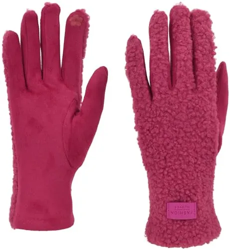 styleBREAKER Damen Touchscreen Handschuhe mit Teddyplüsch | Weiche warme Winter Fingerhandschuhe | Kuscheliger Smartphone Handschuh in vielen Farben, Farbe:Fuchsia