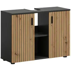 xonox.home Mone Waschbeckenunterschrank 80x59 cm - Moderner Badezimmerschrank in Basalt und Artisan Oak Nachbildung mit zwei Türen und drei höhenverstellbaren Einlegeböden für optimalen Stauraum und einfache Installation.