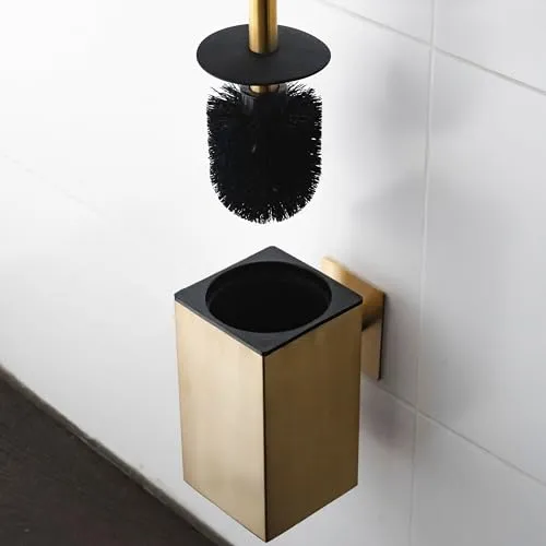 ELMOWO - Premium Edelstahl Klobürste ohne Bohren selbstklebend inkl. Spezialkleber (extrem sicherer Halt) - Klobürstenhalter hängend zur Wandmontage - Moderner WC Toiletten-Bürstenhalter (Gold)