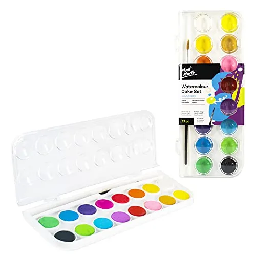 Mont Marte Wasserfarben Set – 16 brilliante Farben – Hohe Pigmentierung – Inklusive Pinsel – Kompaktes Set – Ideal für Aquarellmalerei