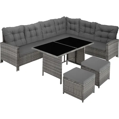 tectake Polyrattan Lounge Set, 5-teiliges Gartenmöbel Set für Terrasse und Balkon - Hochwertiges 5-teiliges Gartenmöbel Set mit Sofa, Hocker und Tisch, inkl. bequemer Kissen. Ideal für entspannte Stunden im Freien – robust, UV-beständig und leicht zu reinigen!