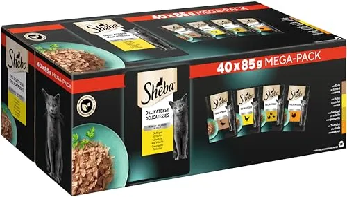 Sheba Katzennassfutter Delikatesse in Gelee, 40 Portionsbeutel - Beutelfutter für Katzen mit feiner Geflügel Variation: Huhn, Truthahn, Ente und Geflügel in schmelzendem Gelee. Ideal für verwöhnte Katzen und abwechslungsreiche Ernährung!