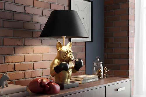 riess-ambiente Tischlampe BULLDOG 55cm schwarz gold - Einzigartige Tischlampe mit detailreicher Bulldoggen-Skulptur im Boxer-Design. Der schwarze Stoffschirm sorgt für warmes Licht und schafft eine gemütliche Atmosphäre. Ideal für Sideboard oder Nachttisch.