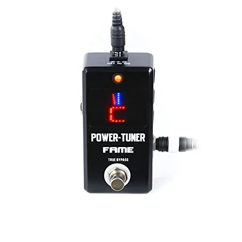 Fame Stimmgerät chromatisch für Gitarre und Bass, Power Tuner und Netzteil kombiniert, ideal für Pedalboard, Frequenz 12 Hz – 4186 Hz