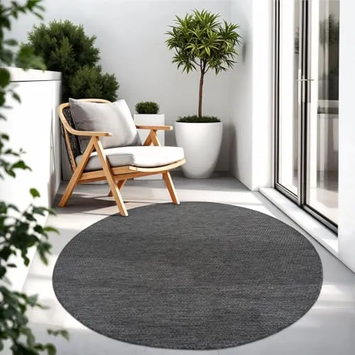 TT Home Teppich Für Outdoor Wetterfest Küchenteppich Balkon Terrasse Unifarbenes Design Modern, Farbe:Anthrazit, Größe:80 cm Rund