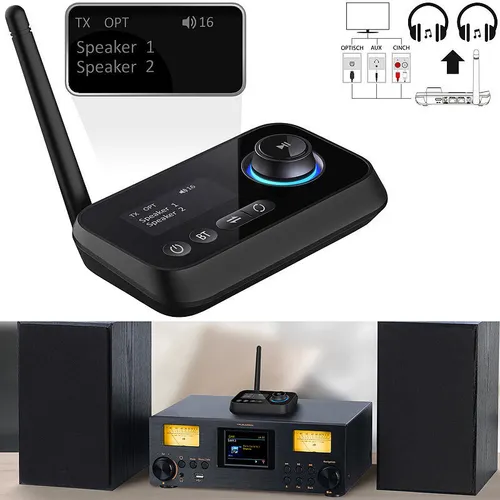 auvisio Bluetooth 2in1 Transmitter & Empfänger - Audio & Video Adapter für HiFi-Anlage und TV, kabellose Musikübertragung dank Bluetooth 5 und Multipairing für bis zu 2 Geräte gleichzeitig.