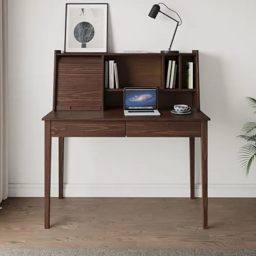 IDIMEX Schreibtisch Alisa aus Massivholz mit 2 Schubladen & Rollladen - Kompakter Schreibtisch (114 x 122 x 54 cm) aus hochwertigem Kiefernholz, ideal für Homeoffice. Edle nussbaumfarbene Lackierung und durchdachte Stauraumlösungen für eine optimale Organisation.