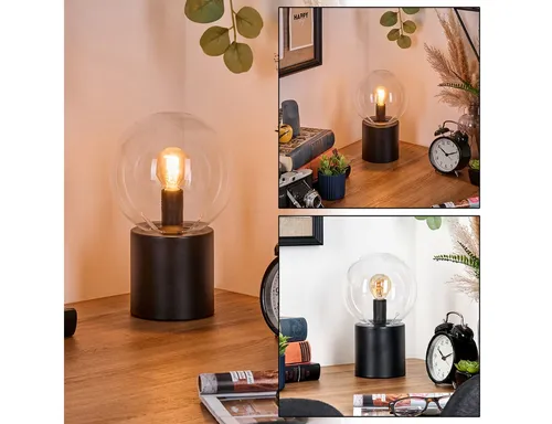 Hofstein Tischleuchte im Retro-Design aus Metall und Glas - Elegante Tischleuchte in Schwarz und Klar für jeden Innenraum, ideal für Wohnzimmer oder Arbeitszimmer. Mit E14-Fassung für individuelles Lichtdesign, ohne Leuchtmittel.