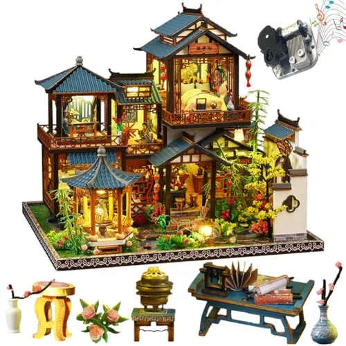 TOPBSFARNY 3D Holz Montiert Puppenhaus Kit DIY Miniatur Chinesischer Stil Hofszene Gebäude mit Musik Kreativität Halloween Geburtstagsgeschenk (ohne Staubschutz)