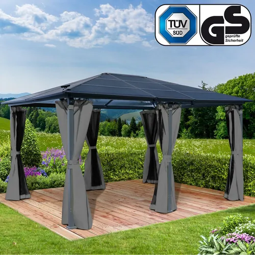 Alu-Pavillon PREMIUM 3,6x4,8 m grau - Pavillon aus pulverbeschichtetem Aluminium mit wasserdichtem Dach, TÜV-geprüft für Sicherheit und Stabilität. Ideal für den Garten, schützt vor Wind und UV-Strahlung.