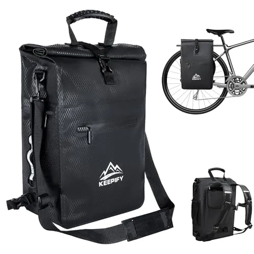 KEEPIFY 3in1 Fahrradtasche Wasserdicht mit Laptop-Tasche, 25L Fahrradtaschen für Gepäckträgertasche mit Reflektierenden Streifen & einfache Befestigung, Ideal für Radfahren - Schwarz