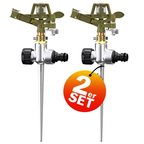 GARDEBRUK® 2x Sprinkler Rasensprenger 360° - Bewässerungssysteme mit einstellbarer Sprühlänge und stabiler Erdspieß für eine maximale bewässerte Fläche von 450 m² - ideal für Rasen und bepflanzte Flächen.