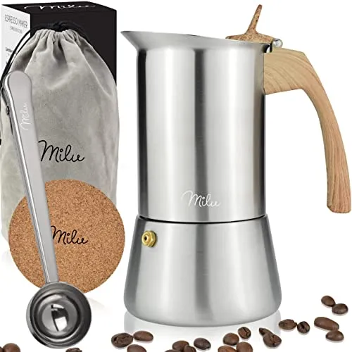 Milu Espressokocher für Induktion | Edelstahl Mokkakanne für 2-9 Tassen inkl. Zubehör - Edelstahl Espressokocher für alle Herdarten, inklusive Messlöffel und Untersetzer. Einfach zu reinigen und ideal für aromatischen Kaffeegenuss zuhause oder unterwegs – perfekt für jede Gelegenheit.
