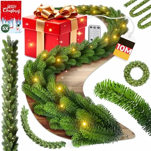 KESSER® Weihnachtsgirlande 10m mit 200 LEDs und Fernbedienung - Stimmungsvolle Weihnachtsgirlande mit realistischer Tannenoptik und 200 warmweißen LEDs. Flexibel formbar, witterungsbeständig und ideal für Innen- und Außenbereich. Inklusive Timer für automatisches Ein- und Ausschalten.