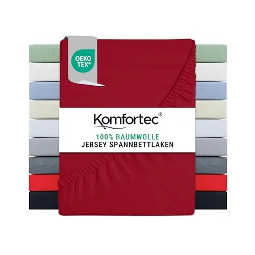 Komfortec Spannbettlaken Jersey 100% Baumwolle – 140x200 cm – 135g/m² – Weich, Atmungsaktiv & Hautfreundlich – Mit Rundumgummi – Oeko-Tex Zertifiziert – Für Boxspring, Topper & Matratzen – Rot