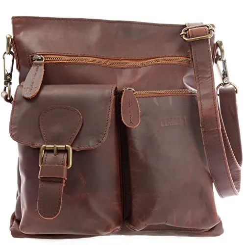 LECONI praktische Umhängetasche Schultertasche Ledertasche für Damen und Herren Used-Look Leder 29x32x5cm braun LE3084-wax