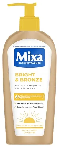 Mixa Bright & Bronze Selbstbräunende Bodylotion mit 6% Glycerin & Sheabutter, Natürlicher Selbstbräuner für Gesicht und Körper, Feuchtigkeitsspendende Körperlotion für empfindliche Haut, 250 ml