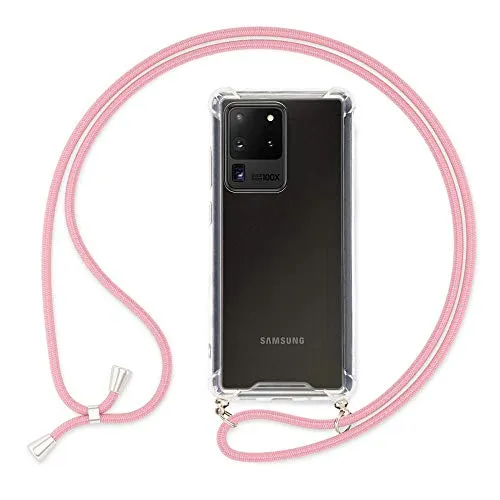 NALIA Handyhülle mit Kette kompatibel mit Samsung Galaxy S20 Ultra Hülle, Slim Necklace Hard-Case mit Umhänge-Band, Transparente Schutzhülle & Handy-Schnur, Soft Kordel Cover Etui, Farbe:Rosa