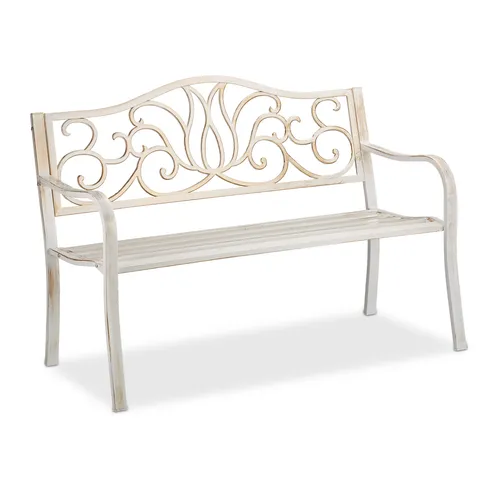 Relaxdays Gartenbank Antik für 2 Personen - Dekorative Metallbank in Weiß-Bronze mit schönem Rankmuster, ideal für Garten, Balkon und Terrasse. Robuste Parkbank für 2 Personen, belastbar bis 220 kg, schnell montiert.