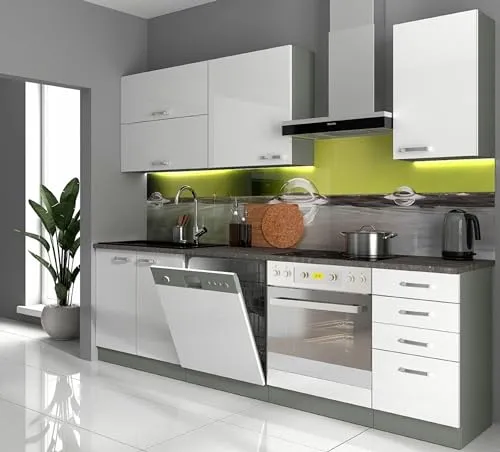 Küche Bianca Basic I 240 cm Hochglanz Küchenzeile - Moderne Küchenzeile in Hochglanz weiß, 240 cm lang, bietet großzügigen Stauraum und passt perfekt in jedes Zuhause.