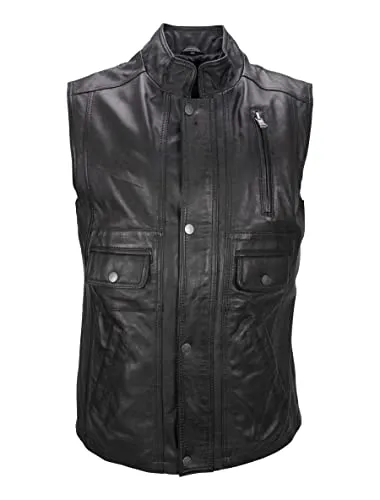 Egon Herren lange Lederweste aus weichem Lammnappa Leder mit Stehkragen - Schwarz - Herren-Westen mit sportlichem Stehkragen, ideal für viele Anlässe. Hergestellt aus hochwertigem, weichem Lamb Vegas Leder für ein angenehmes Tragegefühl.