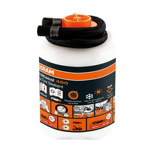 OSRAM Reifendichtmittel TYREseal 450 - Pannenhilfe für Auto - Reifendichtmittel für alle Reifentypen, verschließt Löcher bis 6 mm und ermöglicht Fahrten bis 200 km. Ideal für schnelle Pannenhilfe mit einfacher Anwendung.