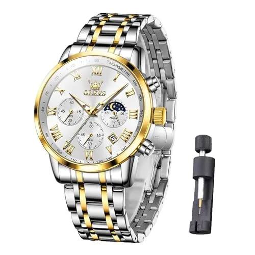 Raitown Herrenuhr Chronograph Mondphase, Edelstahl 41mm, Japanisches Quarz, Wasserdicht 3ATM, Elegante Klassische Uhr (Weiß, Schwarz, Blau)