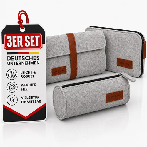 Filz Federmäppchen 3er Set | 1x Federmappe + 1x Schlampermäppchen + 1x Tasche mit Kunstlederband | Grau - Schule, Arbeit