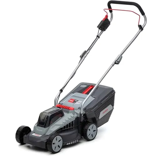 IKRA Bosch 36V Akku Rasenmäher IB-LM 33 - Sichelmäher für Rasenflächen bis 250m², Schnittbreite 33cm und 5-fach verstellbare Schnitthöhe. Mit bürstenlosem Motor für längere Laufzeiten und müheloser Handhabung dank klappbarem Holm.