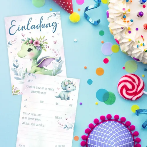 Einladungskarten Dino Mädchen zum Kindergeburtstag inkl. 10 Briefumschlägen 10