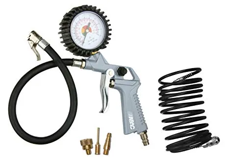 ABAC 5-teiliges Druckluftfüller-Set für Kompressor G-811TI, enthält Reifenfüller mit Manometer, Druckluftpistole, 5 m Spiralschlauch, 3 Ventiladapter, max. Druck 8 Bar
