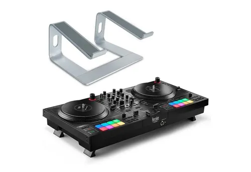 HERCULES DJ Controller Inpulse T-7 mit Laptopständer - Professioneller DJ-Controller mit authentischem Plattenspieler-Feeling und 16 Performance Pads. Inkl. Serato DJ Lite und DJUCED Software. Ideal für kreative Mixe und einfache Handhabung.